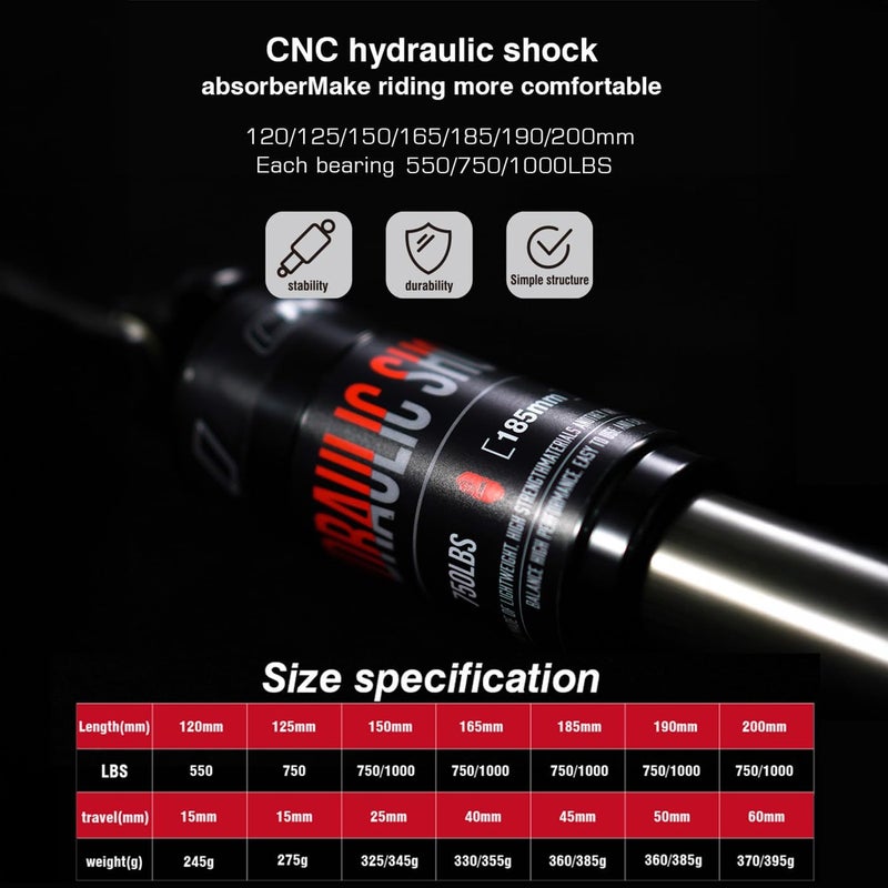 CNCLOL Mountain Bike Rear Shock 120mm/125mm/150mm/165mm/185mm/190mm/200mm,Bicycle Shock Absorber- Hydraulic Rear Suspension Shock for Mtb/Mtn/ebike/Dmn. - Image 4